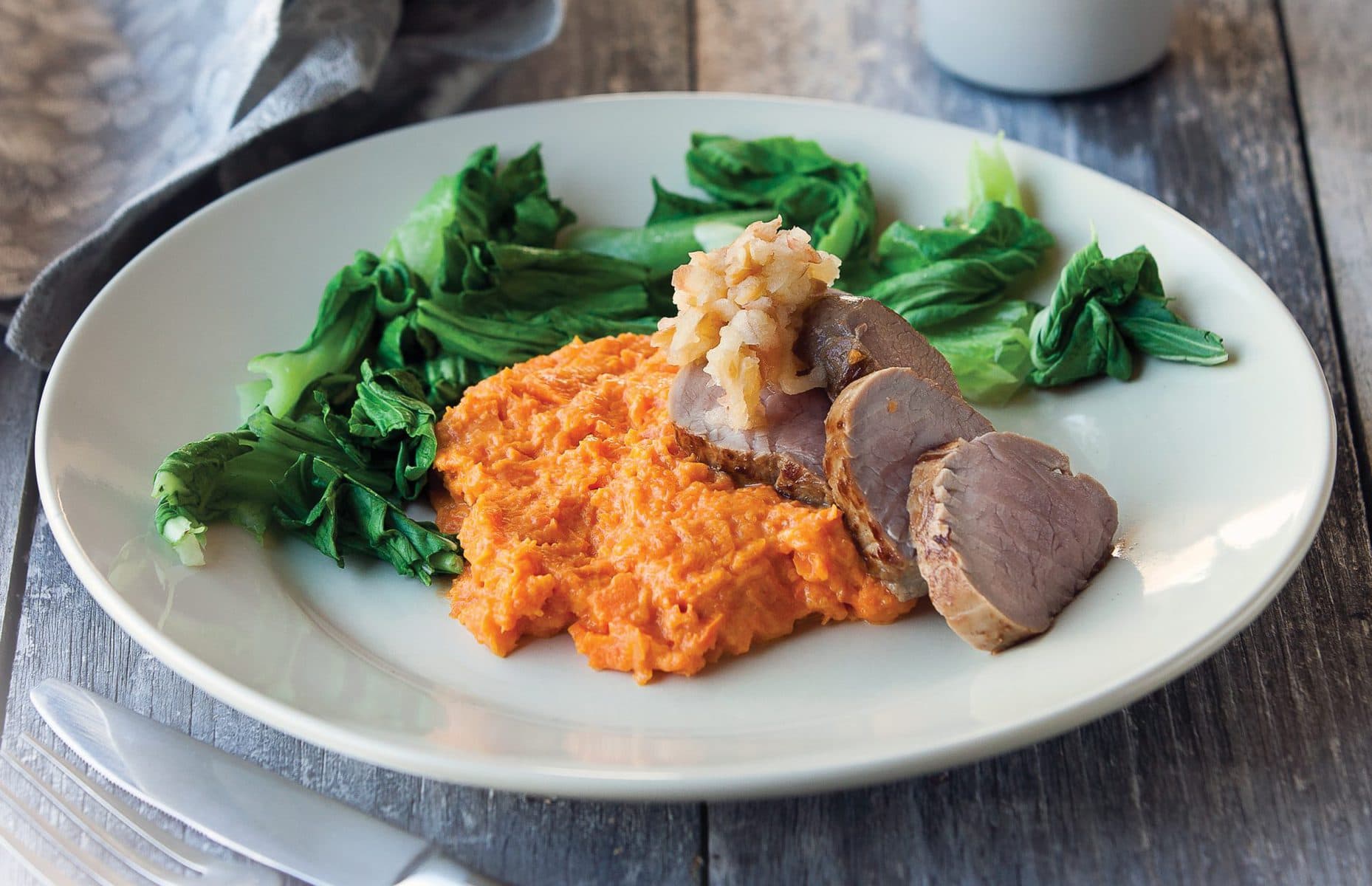 Pork fillet with roasted pumpkin mash and apple salad