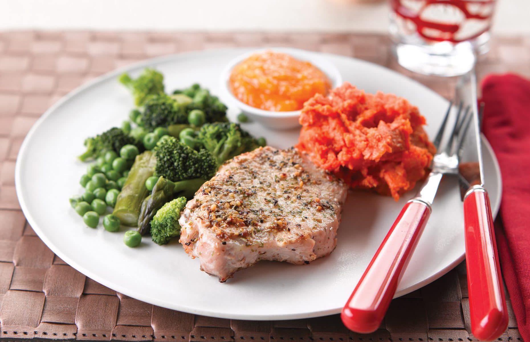 Pork in apricot sauce with herby mash