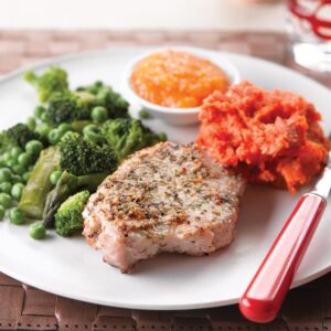 Pork in apricot sauce with herby mash