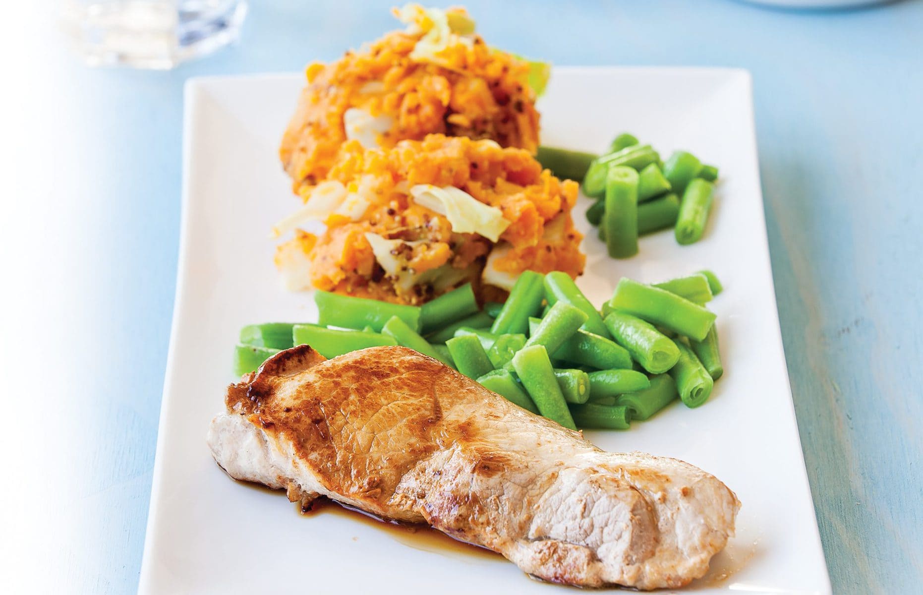 Pork with kumara mustard colcannon
