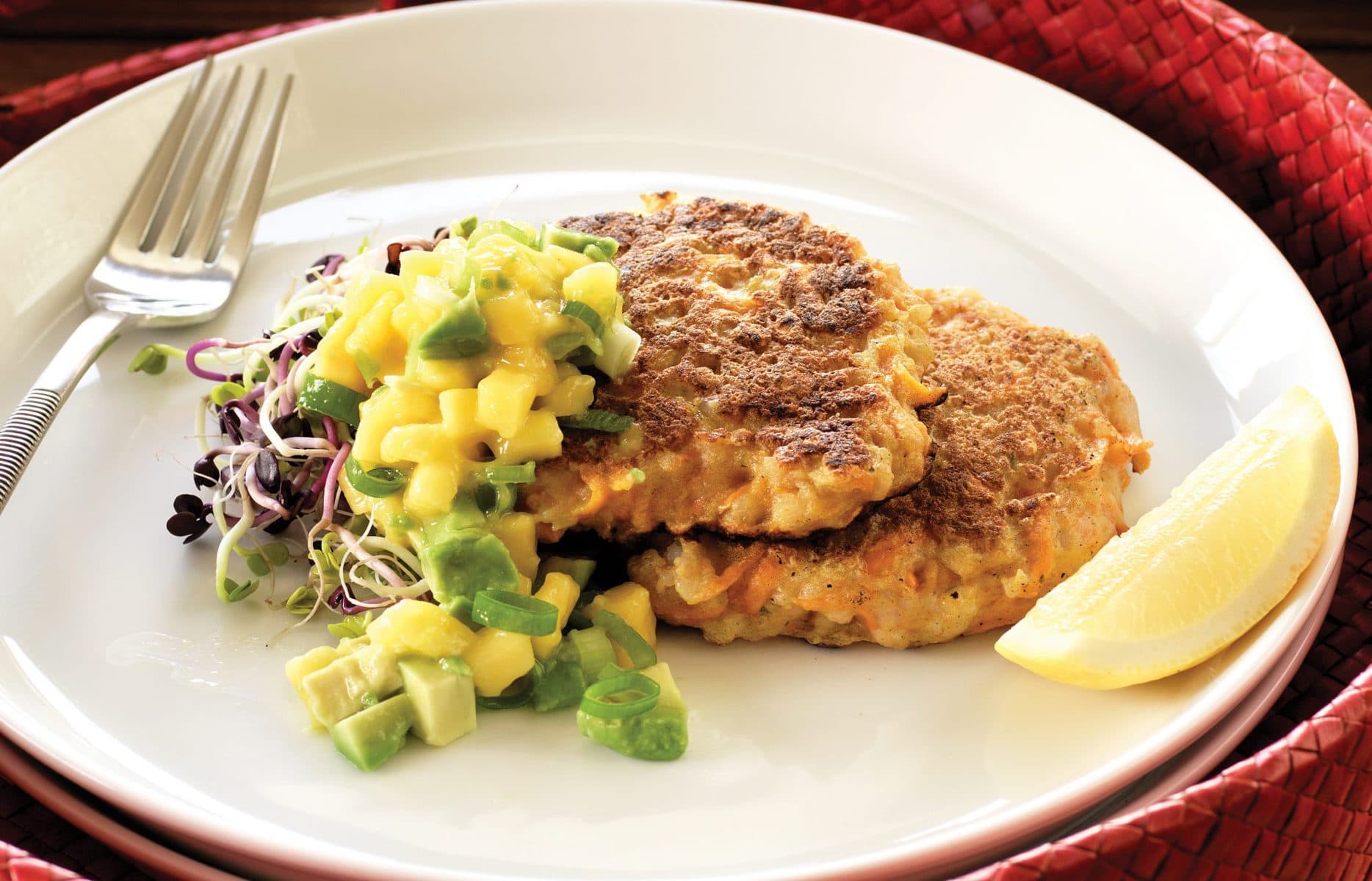 Prawn and kumara fritters with mango salsa