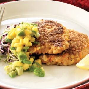 Prawn and kumara fritters with mango salsa