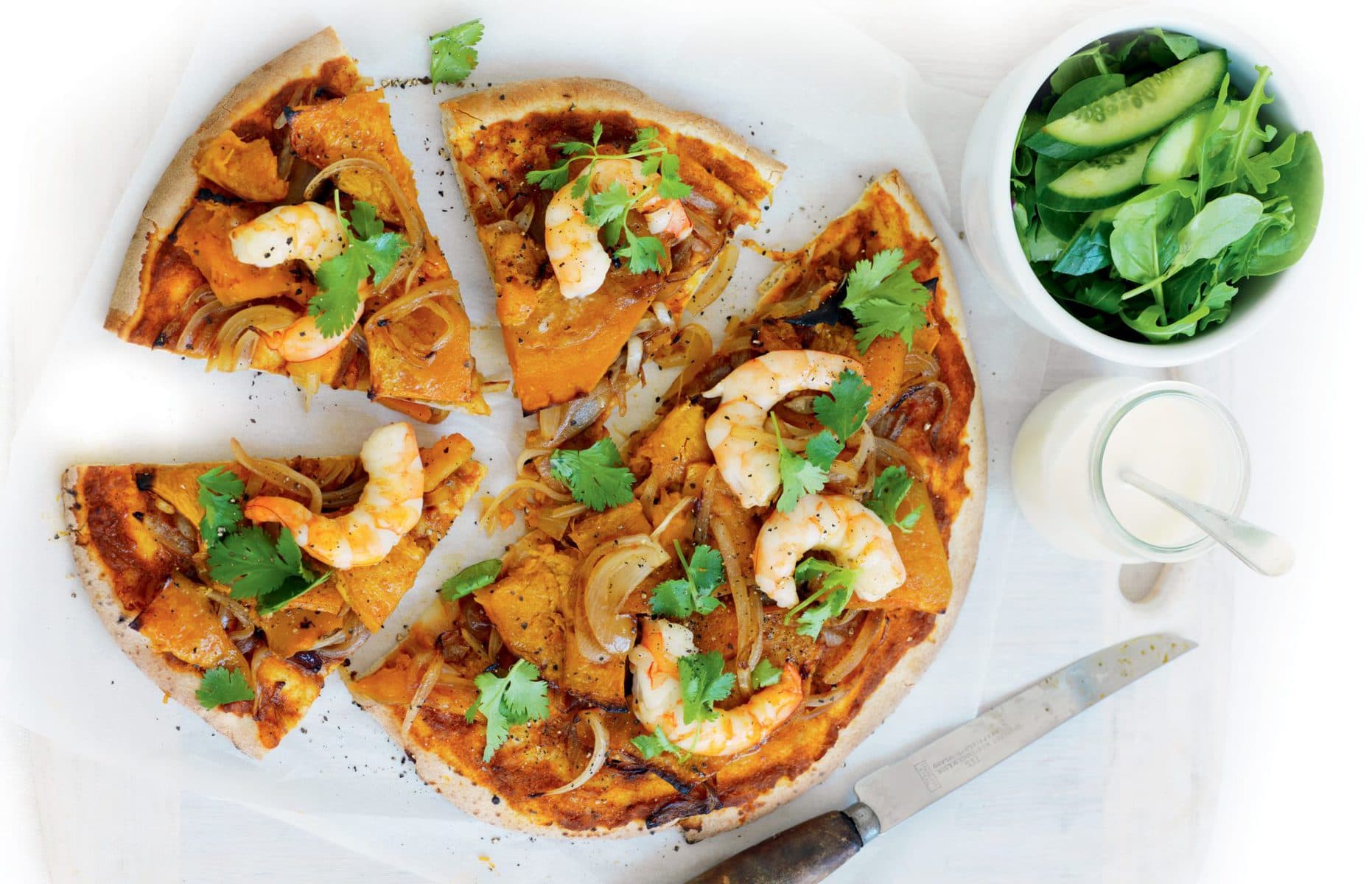 Prawn and pumpkin pizzas