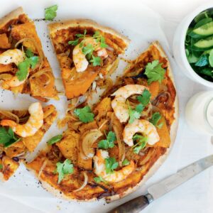 Prawn and pumpkin pizzas