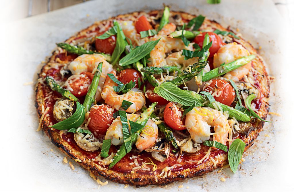 Prawn, asparagus and cherry tomato pizza with cauliflower crust