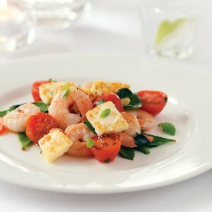 Prawns, snow peas, tomato and haloumi