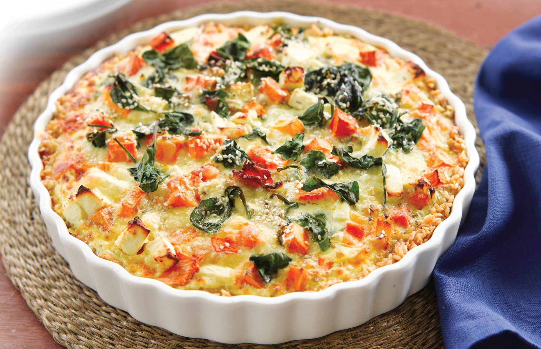 Pumpkin, spinach and feta tart with brown rice crust