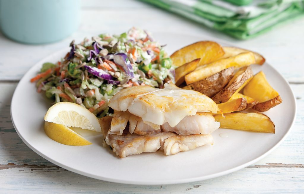 Quick fish and chips with rainbow wasabi slaw Quick fish and chips with rainbow wasabi slaw