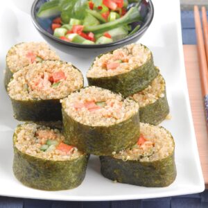 Quinoa sushi with chilli salmon
