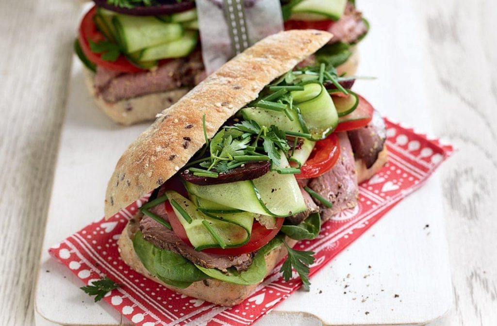 Roast beef, vege and mustard roll