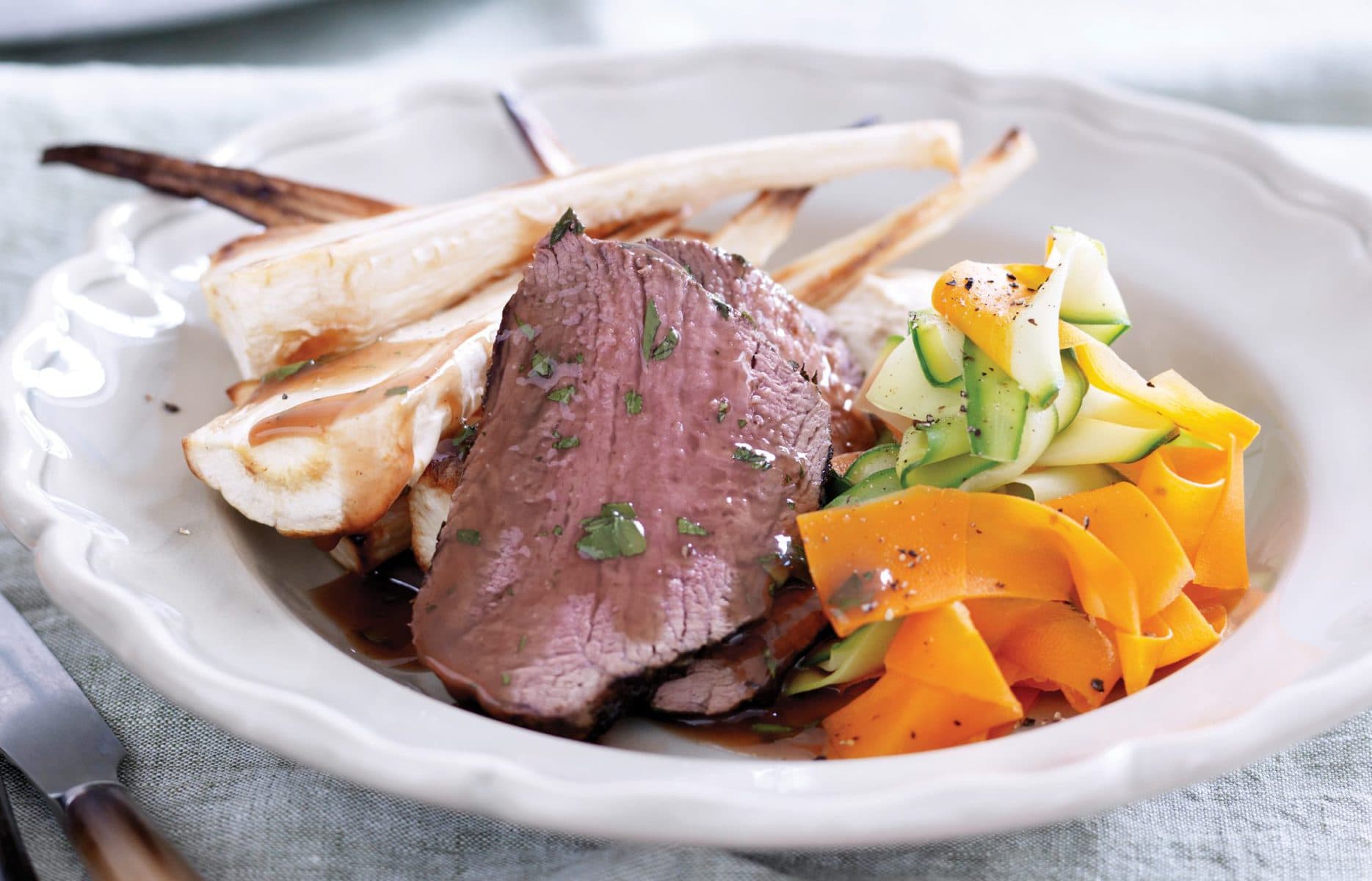 Roasted beef and winter veges with currant gravy