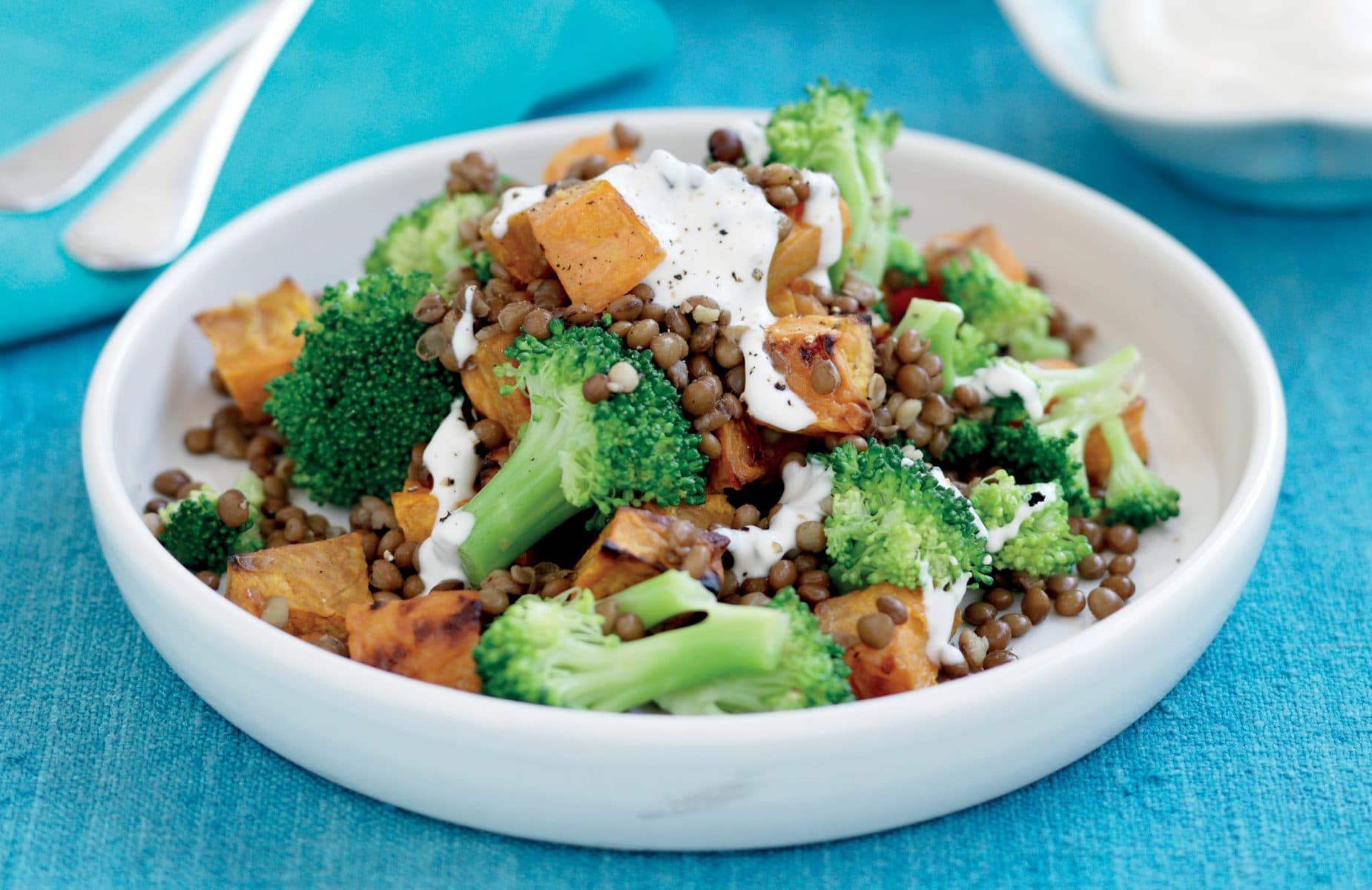 Roasted kumara, lentil and broccoli salad