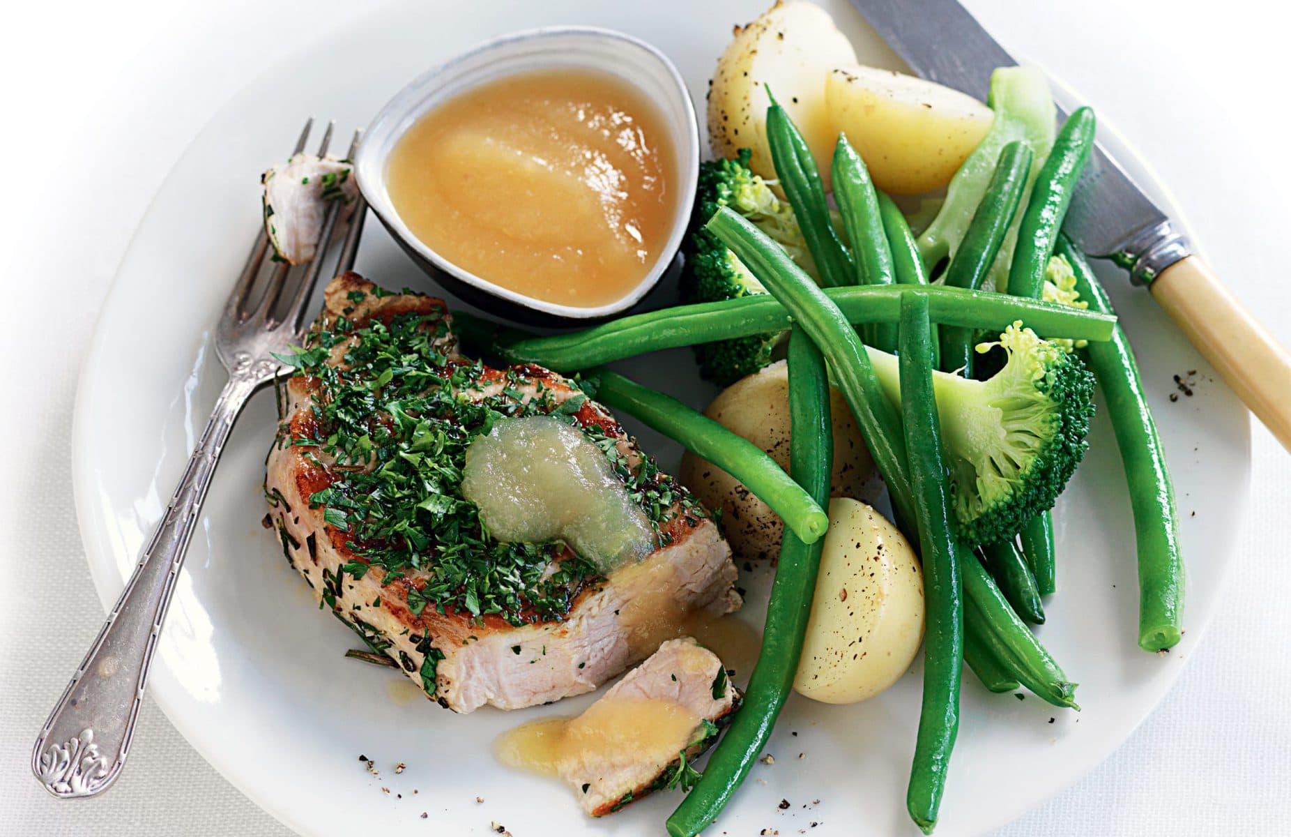 Rosemary-rubbed pork and apple sauce