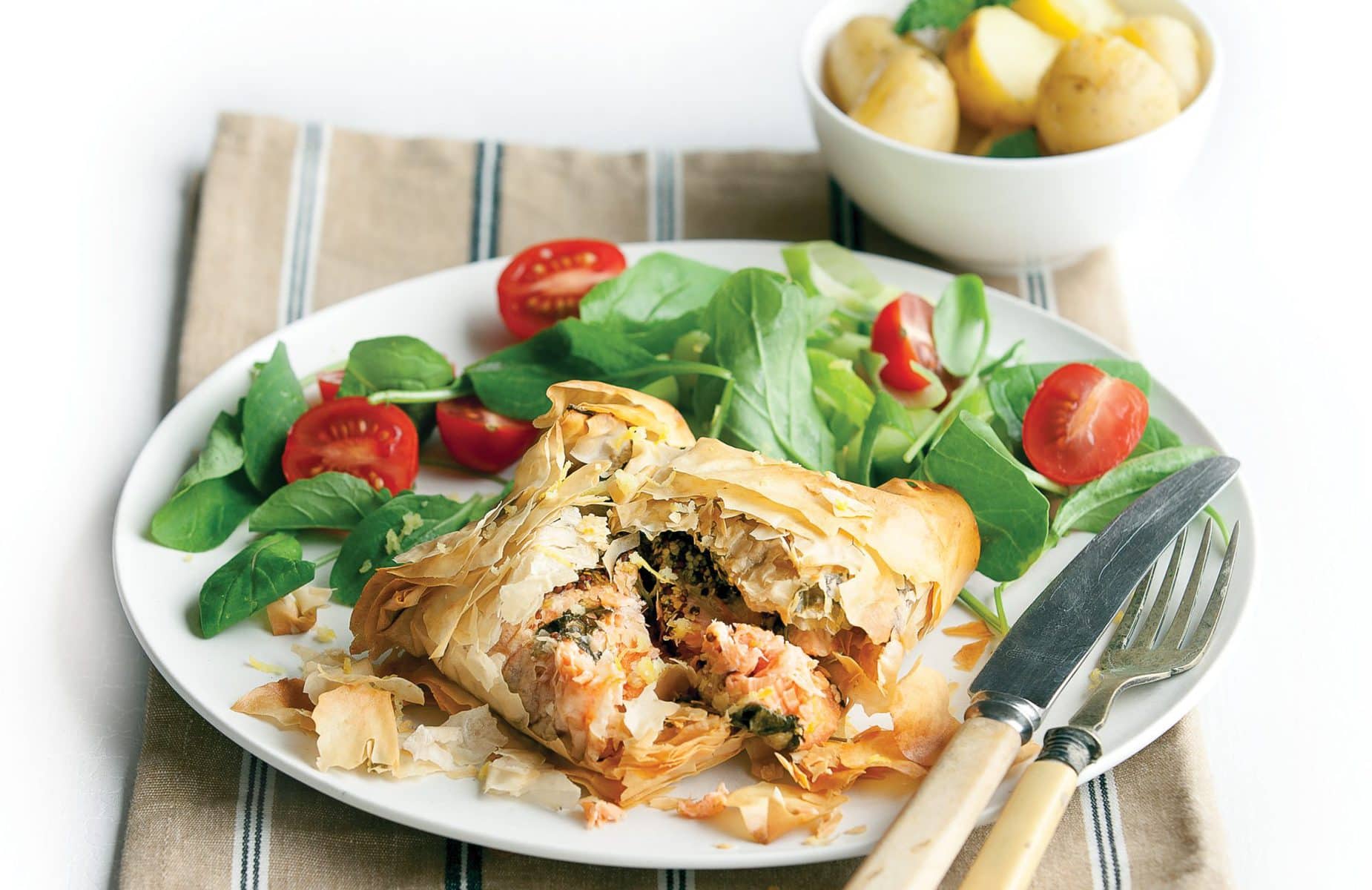 Salmon and rocket filo parcels