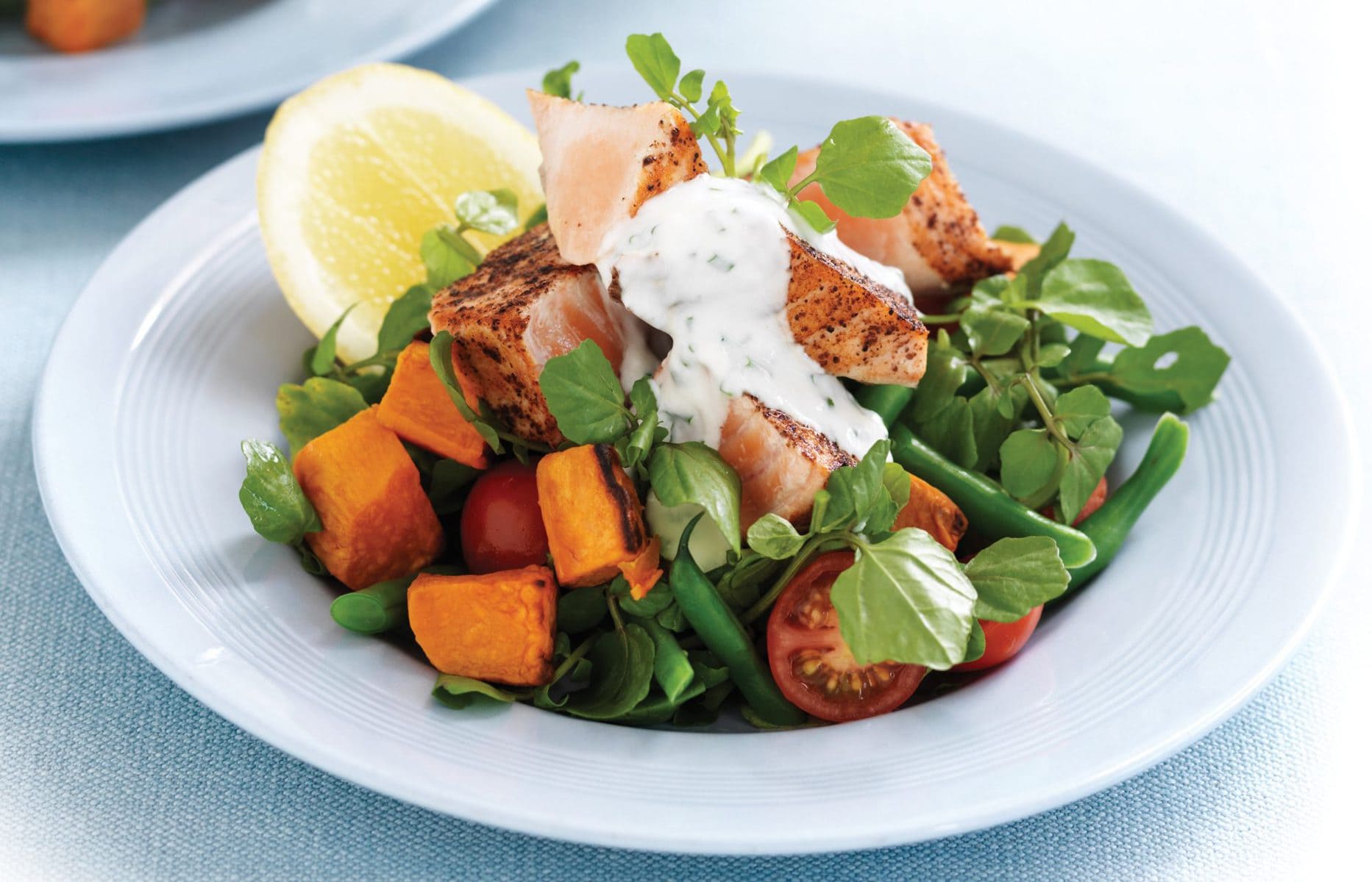 Salmon, kumara and watercress salad with yoghurt dressing