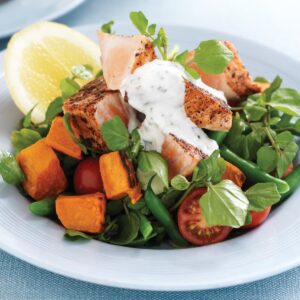 Salmon, kumara and watercress salad with yoghurt dressing