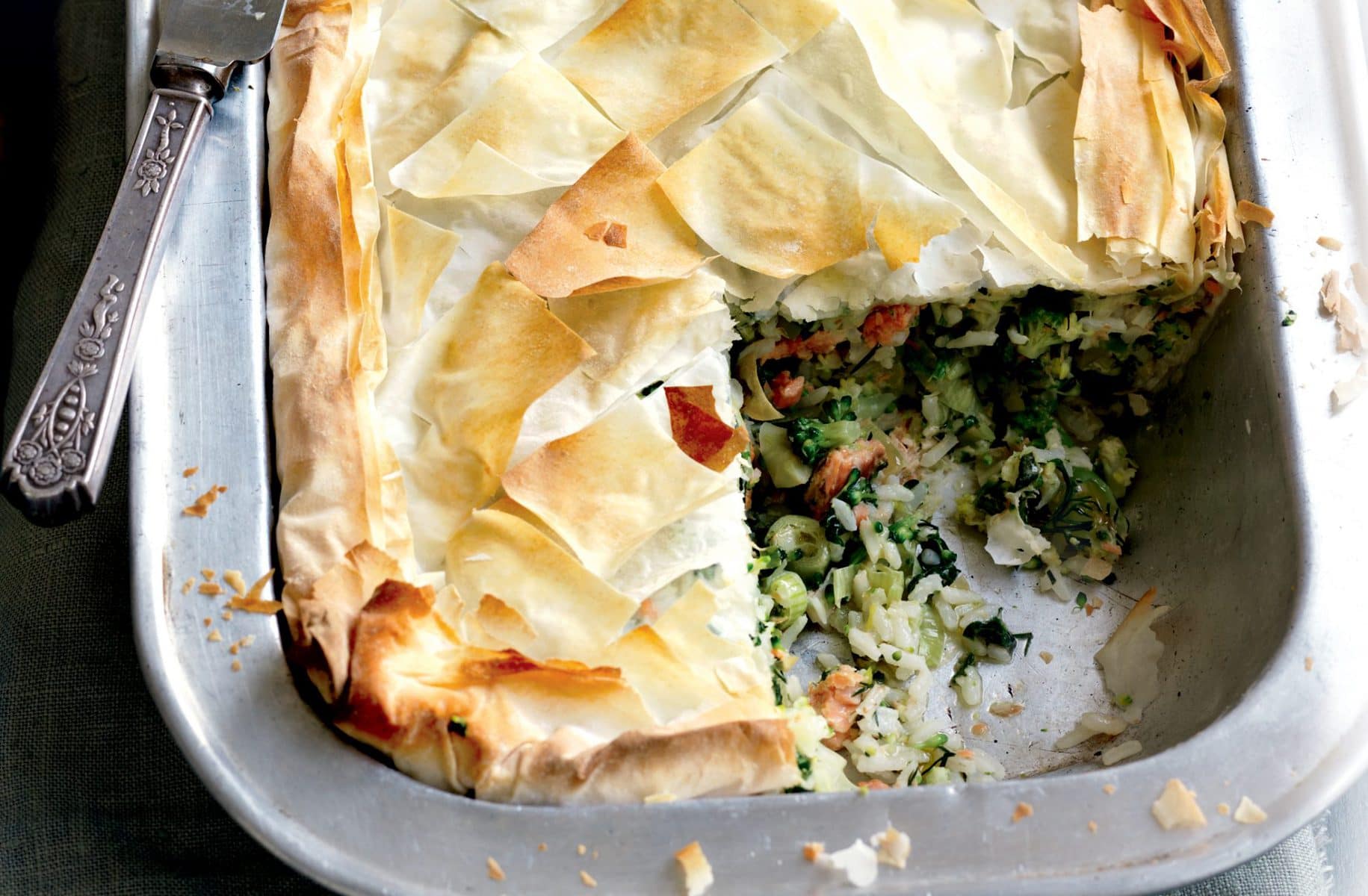 Salmon, leek, rice and broccoli filo pie