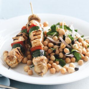 Salmon skewers with Moroccan chickpea and parsley salad