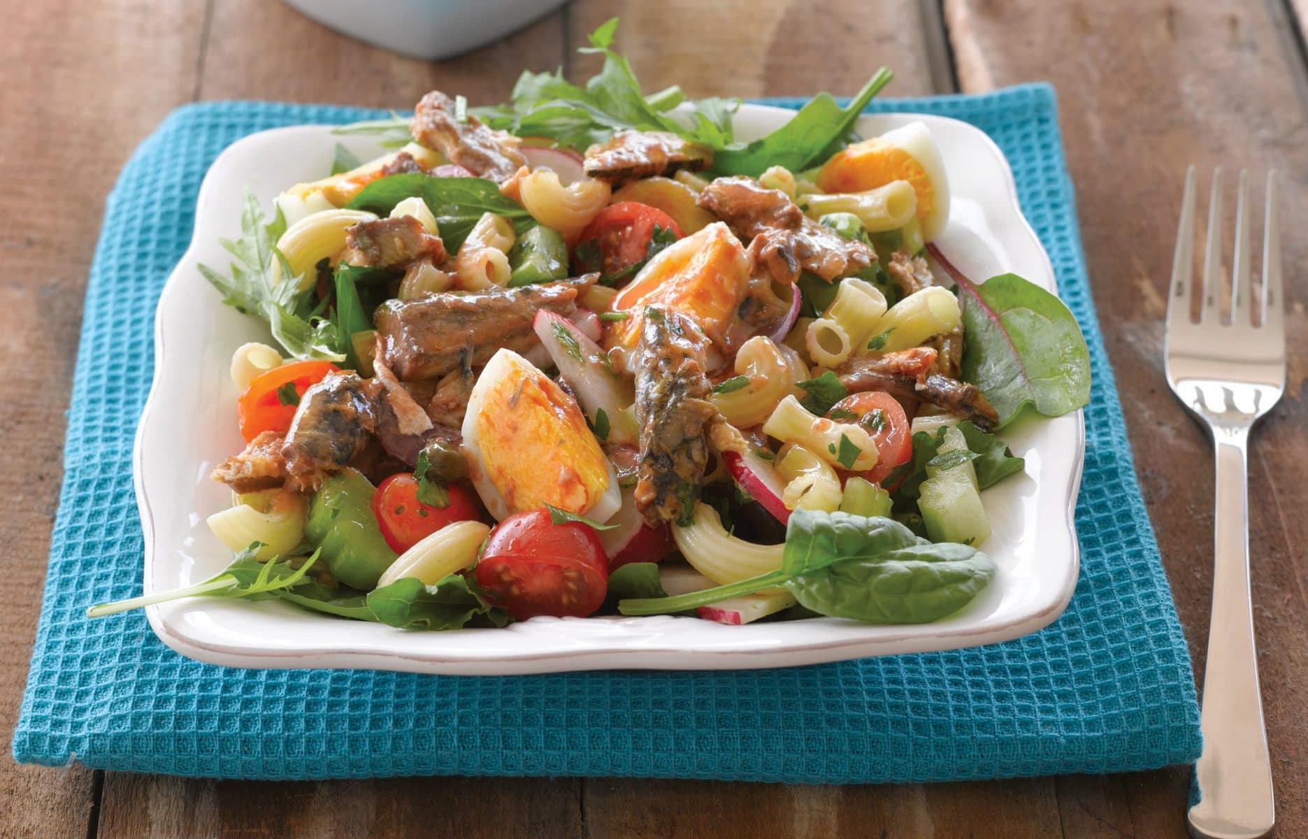 Sardine and egg pasta salad