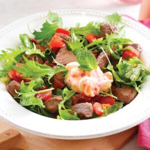Seared lamb salad with chilli and feta yoghurt dressing