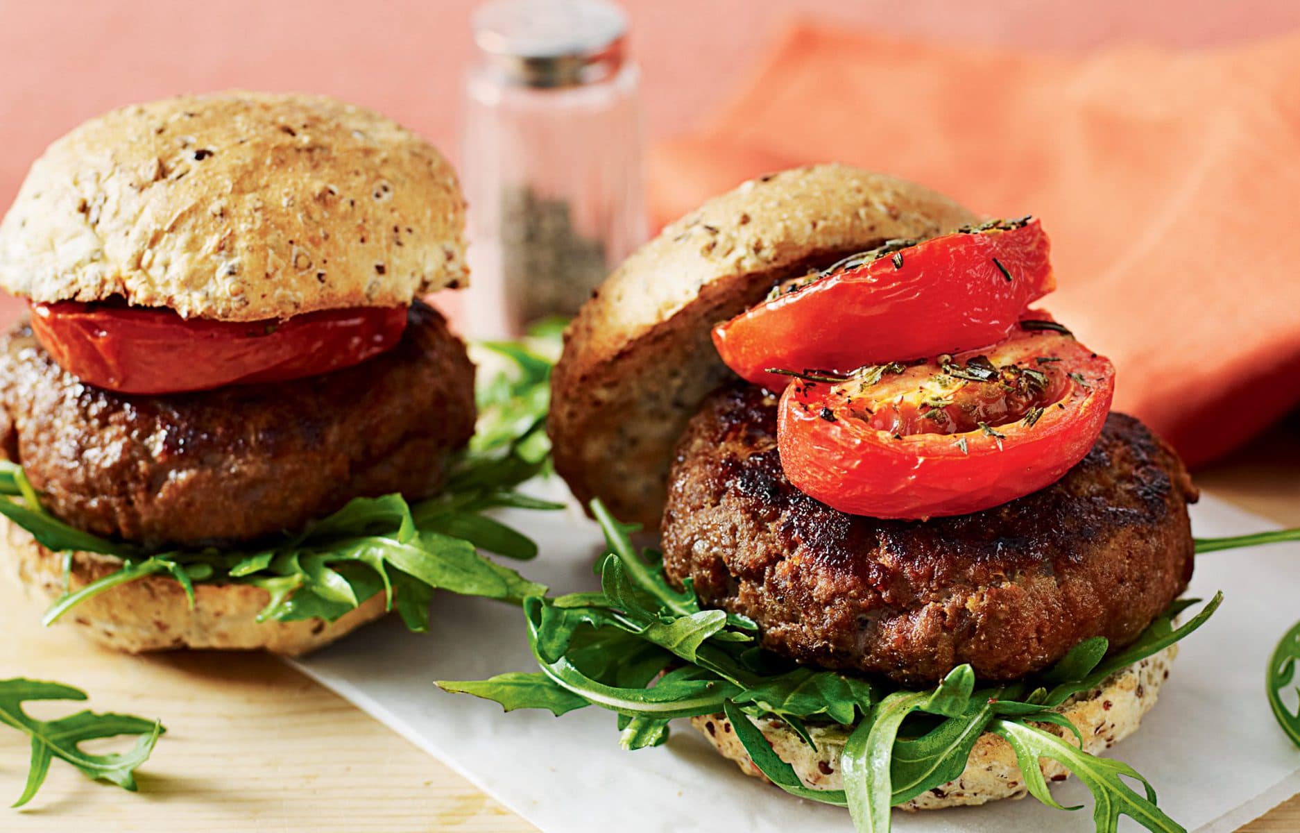 Smoky beef burgers with roasted tomatoes