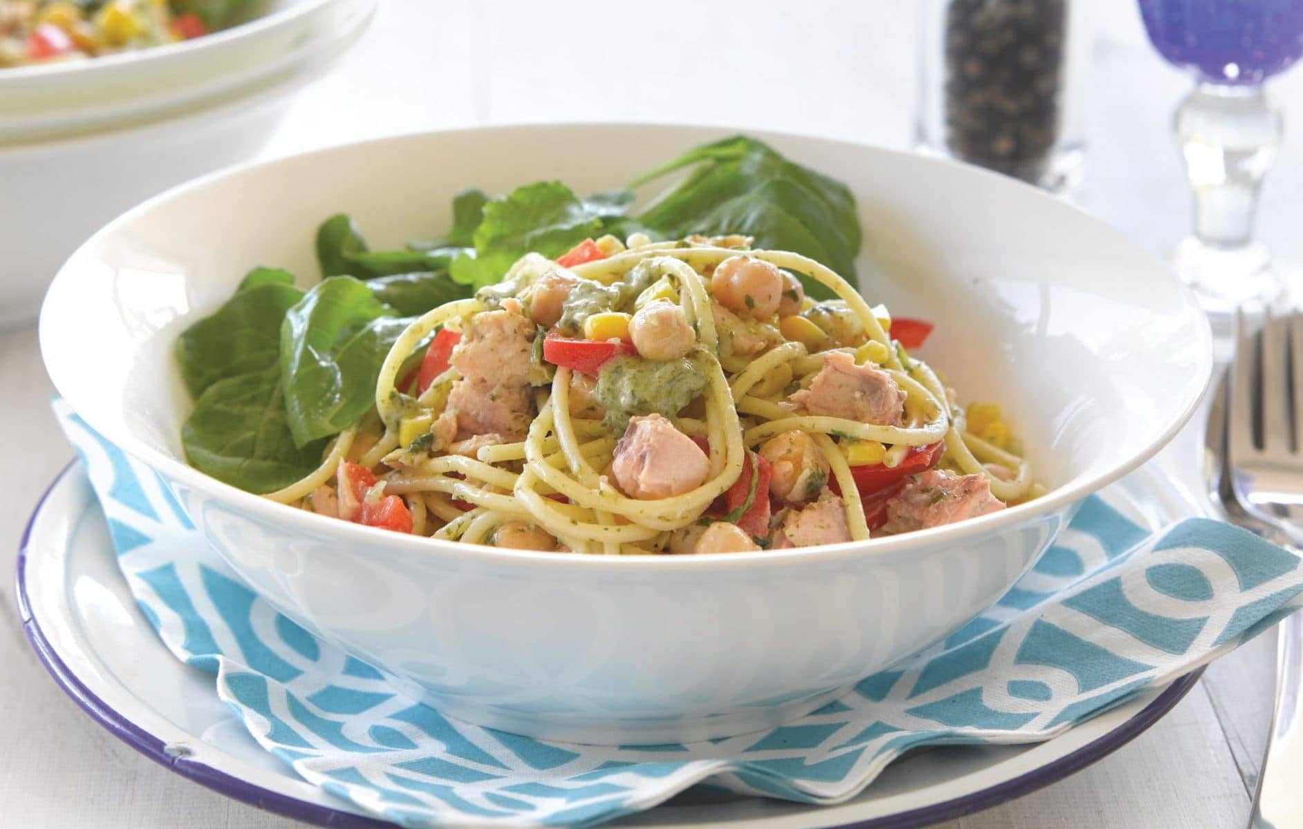Speedy salmon spaghetti with green leaf sauce