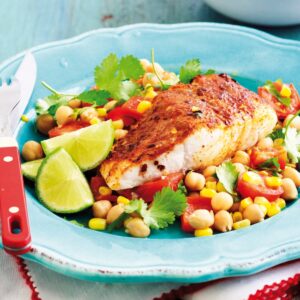 Spice-rubbed fish with roasted corn and tomato salad