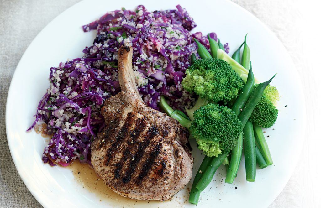 Spiced pork with red cabbage, bulgar and parsley salad