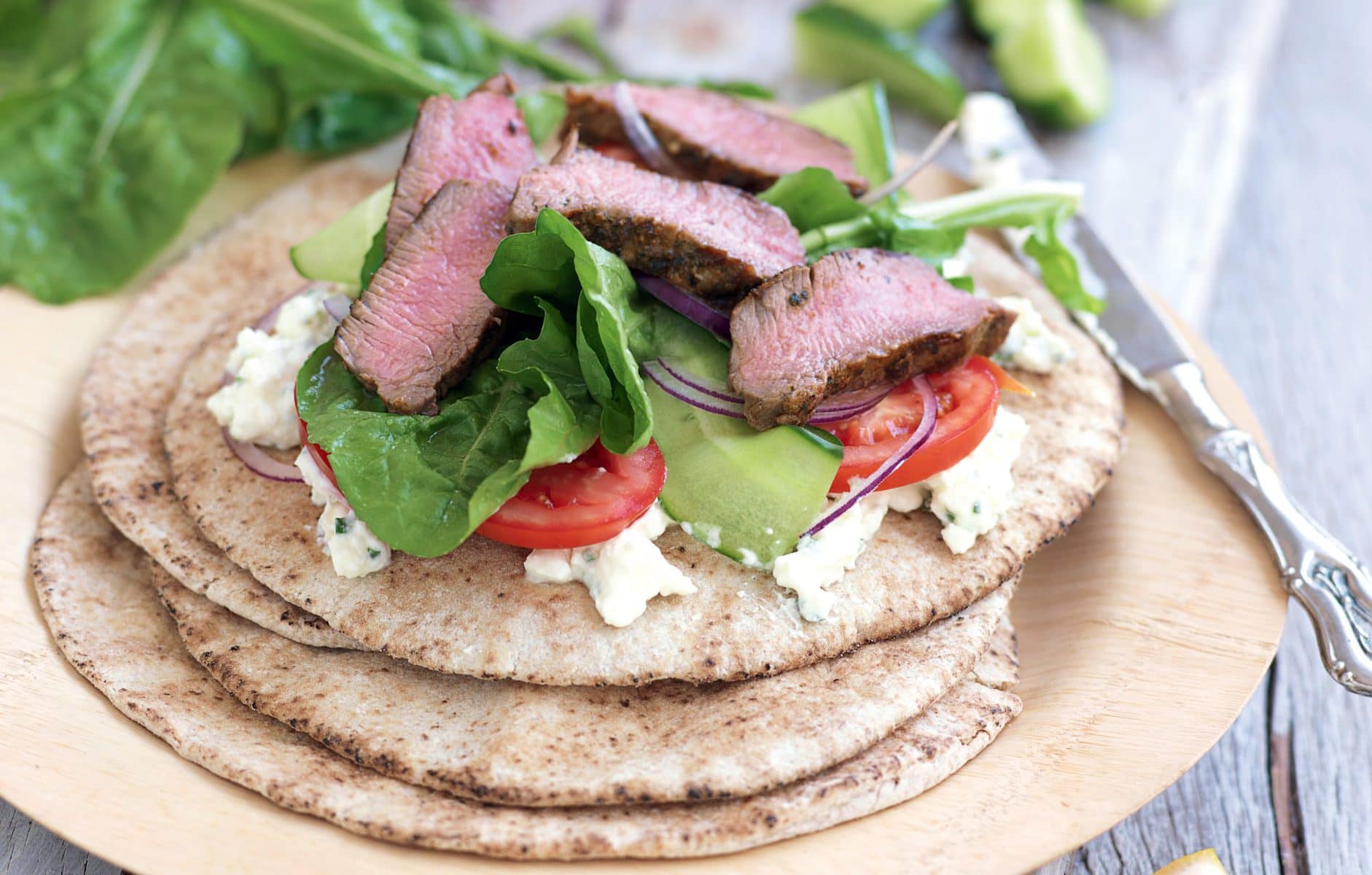 Spicy lamb, rocket and feta wraps