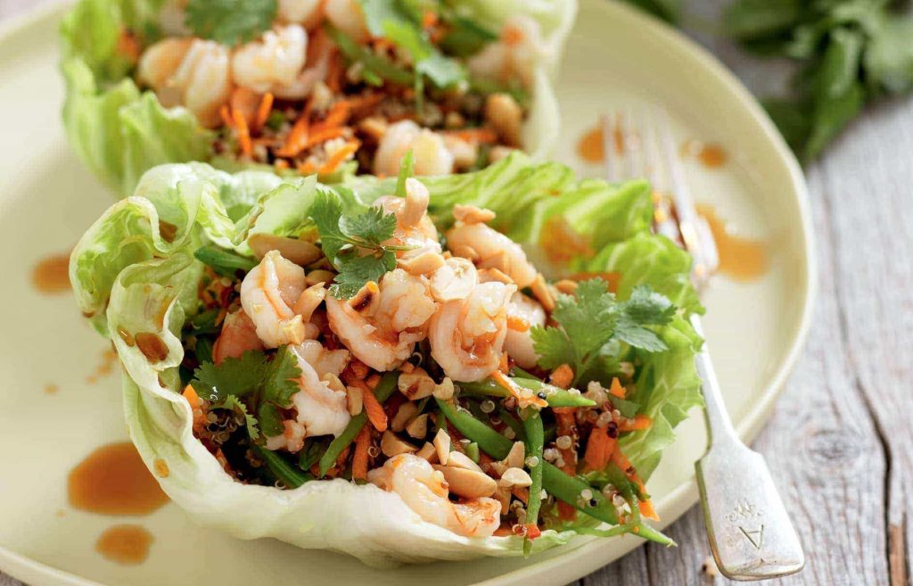 Spicy prawn and quinoa lettuce wraps