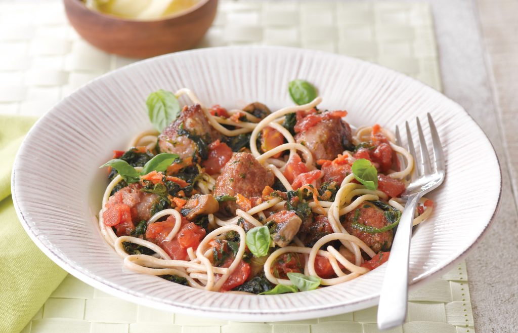 Spicy sausage meatballs with three-vege spaghetti sauce Spicy sausage meatballs with three-vege spaghetti sauce