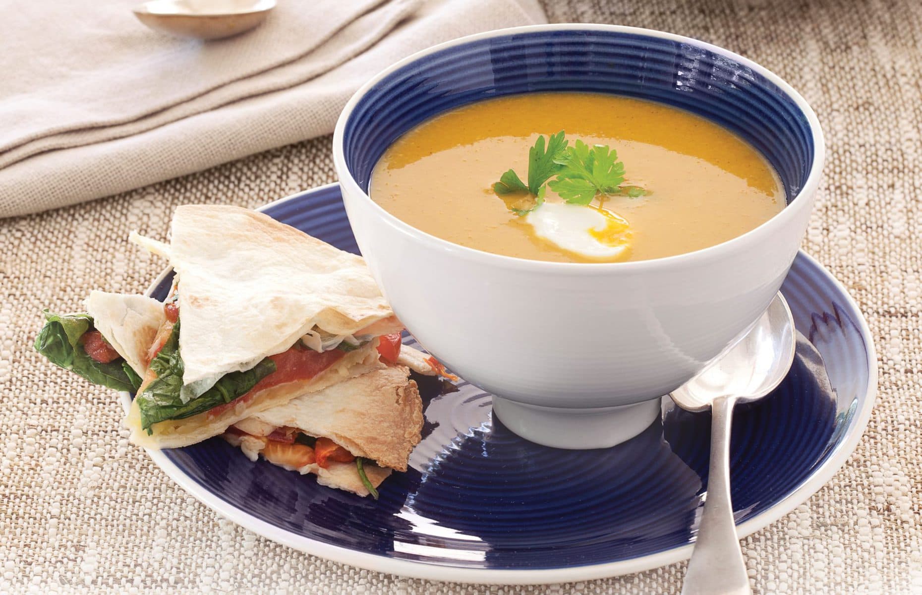Spicy squash soup with tortilla vege melts