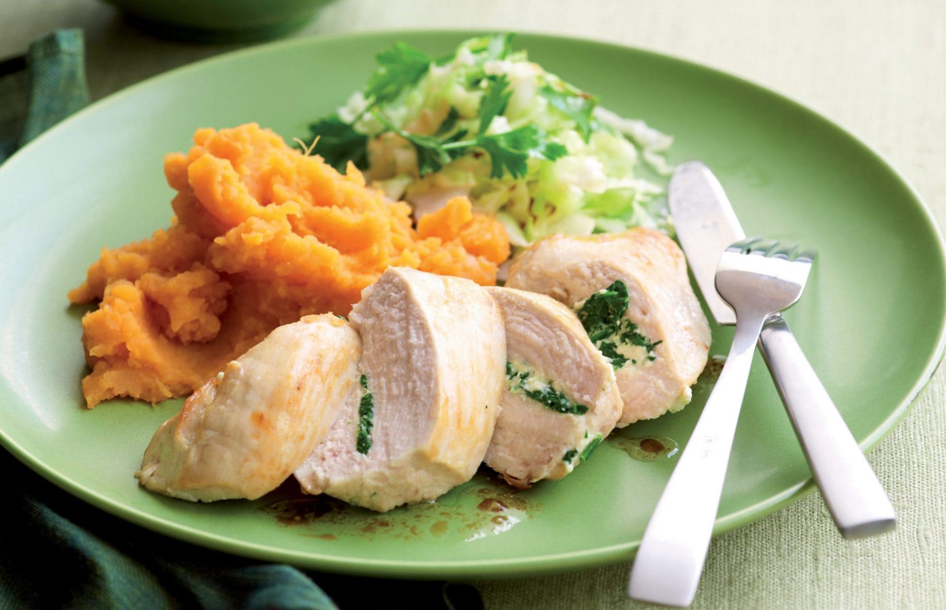 Spinach and ricotta-stuffed chicken with kumara mash