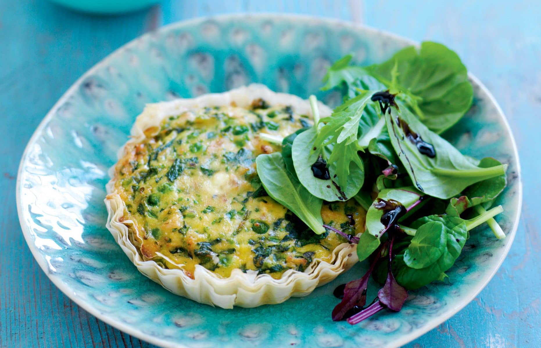 Spinach, pea, salmon and ricotta quiche