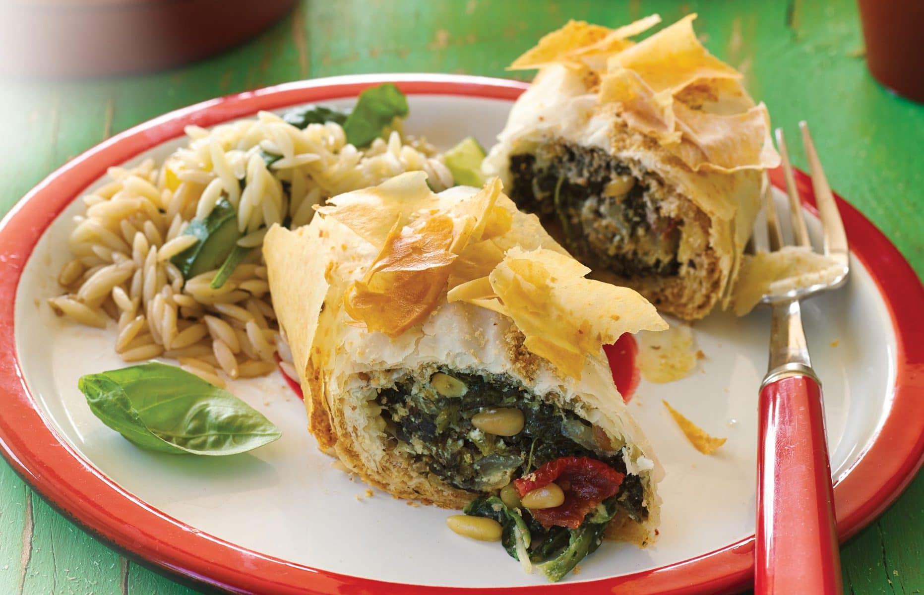 Spinach, sun-dried tomato and parmesan filo rolls