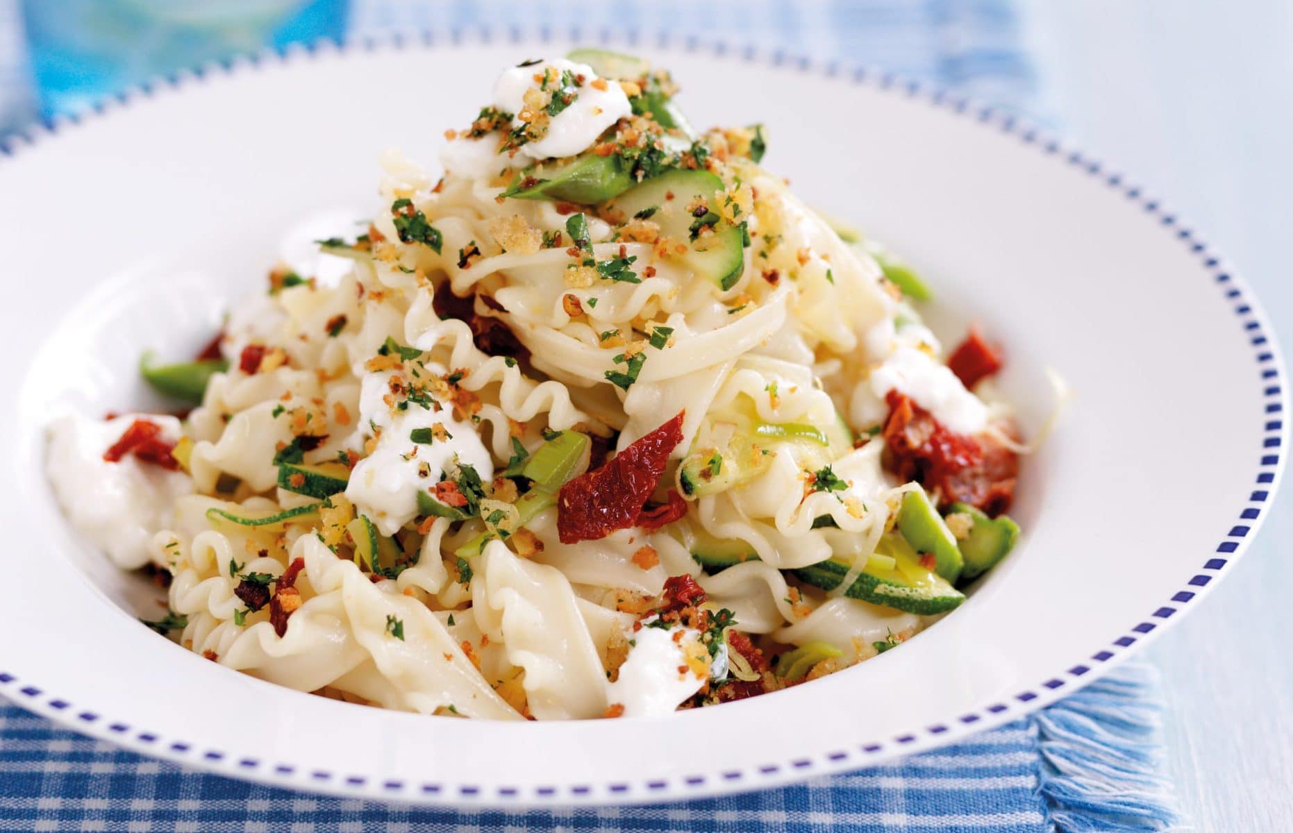 Spring vegetable pasta with garlic breadcrumbs