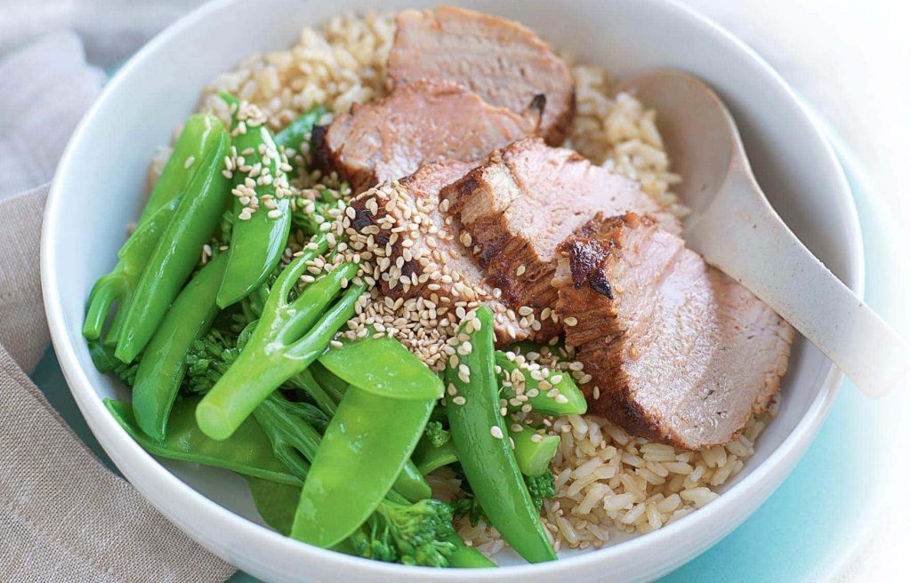 Sticky honey and soy pork with sesame greens