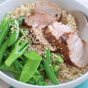 Sticky honey and soy pork with sesame greens