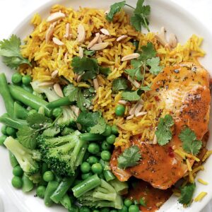 Sweet chilli fish with almond pilaf