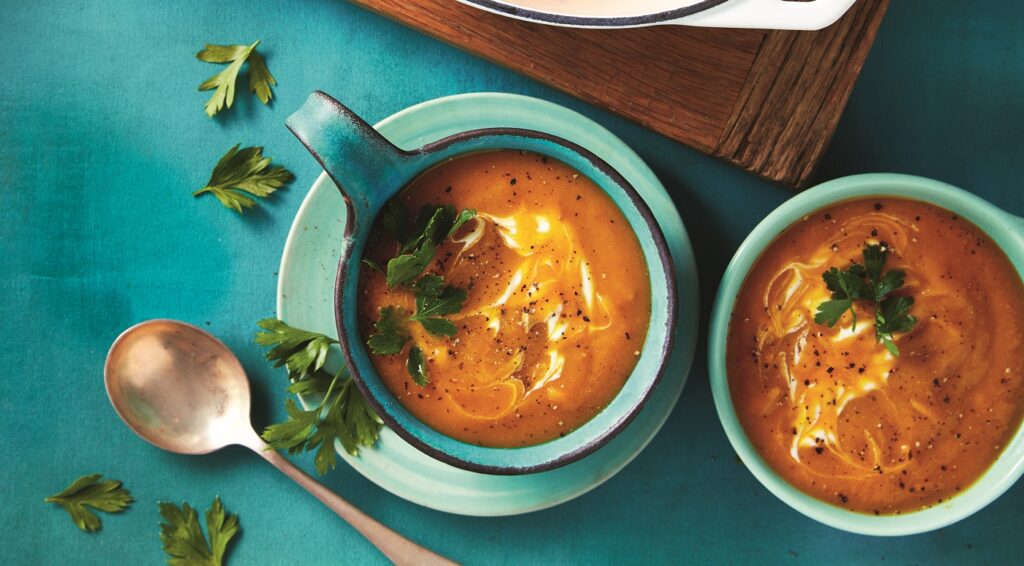 Sweet potato, pumpkin and chickpea soup