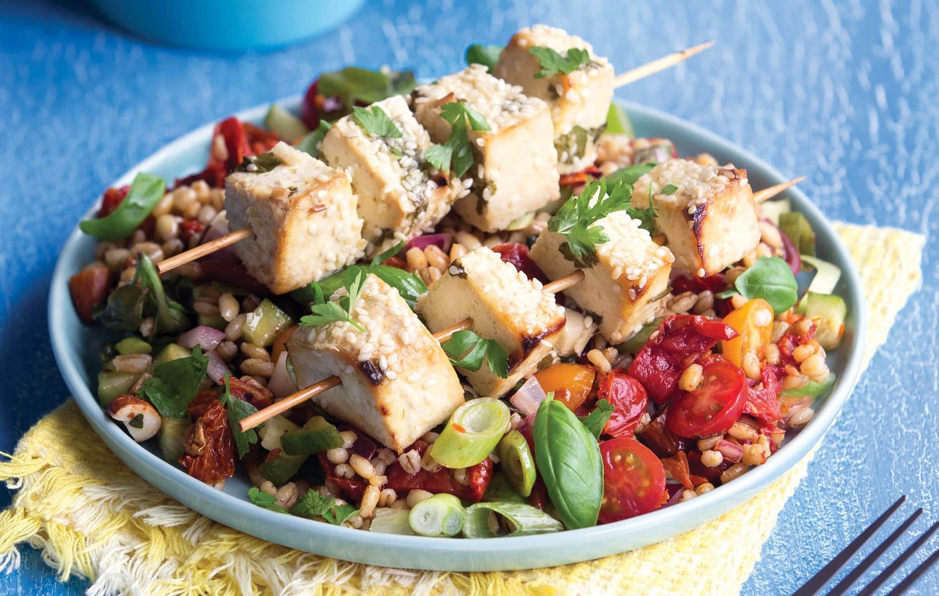 Tofu kebabs with barley salad