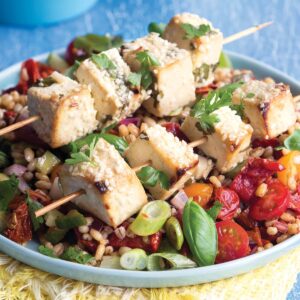 Tofu kebabs with barley salad