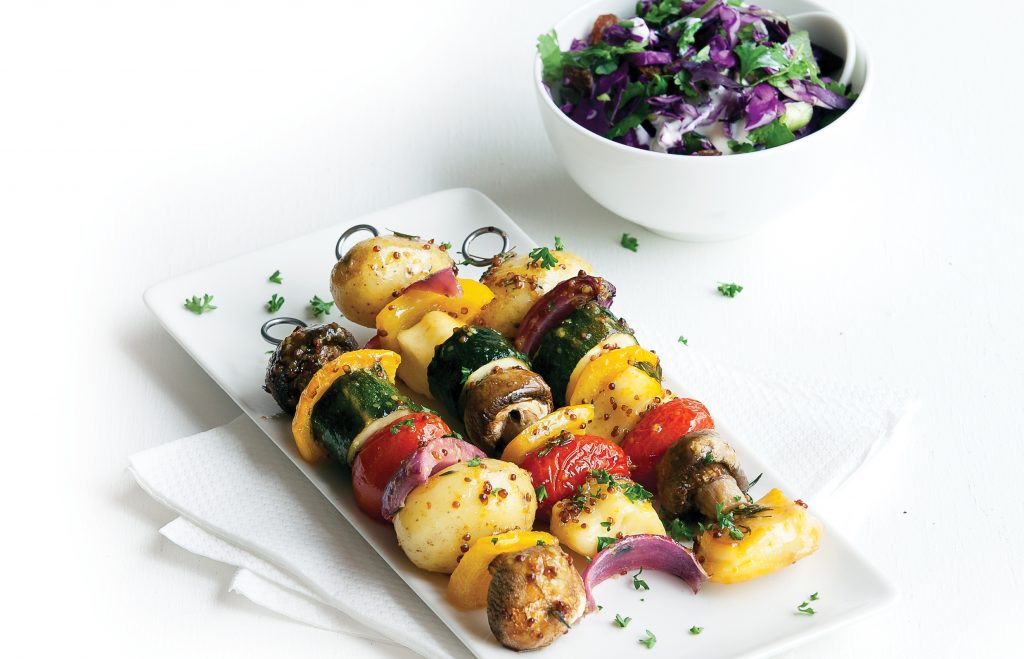 Vegetable and haloumi kebabs with tzatziki coleslaw Vegetable and haloumi kebabs with tzatziki coleslaw