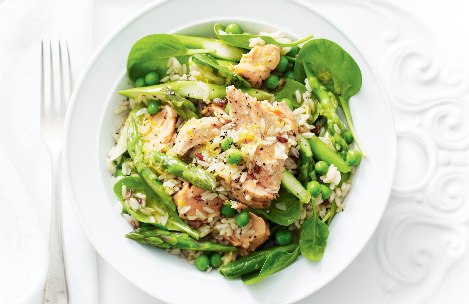 Warm asparagus, pea and salmon rice