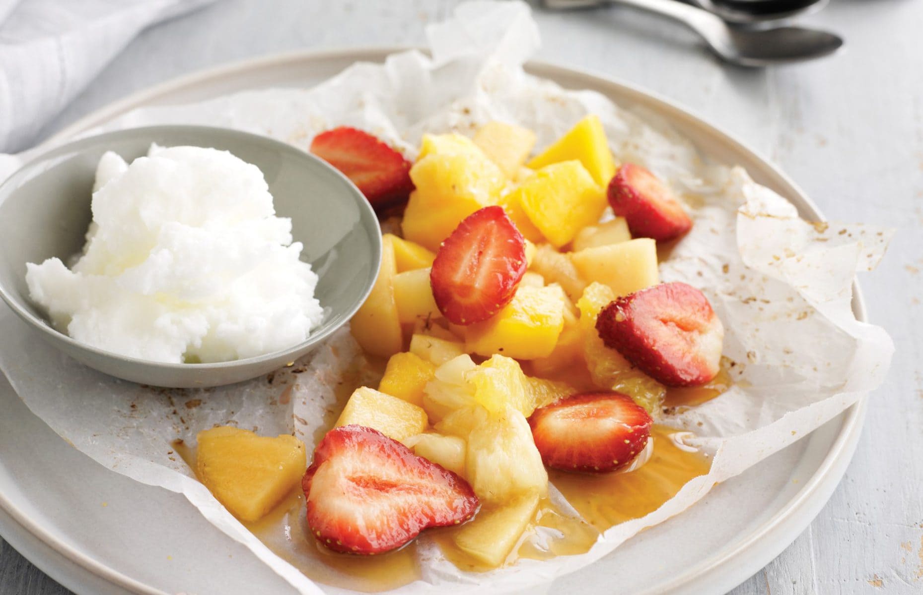 Warm fruit parcels with lemon sorbet