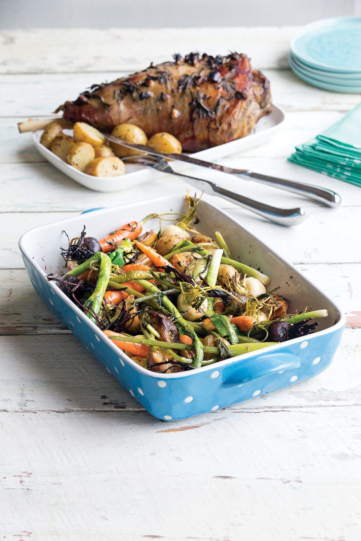 Warm roasted new potatoes and baby seasonal vegetables