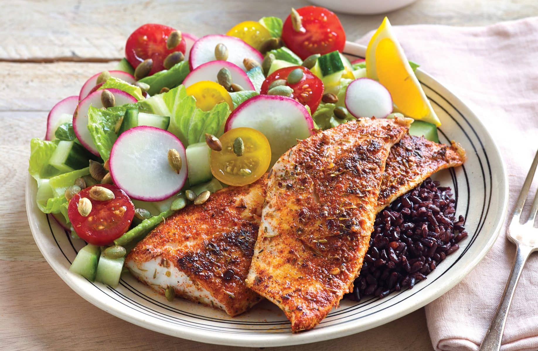 Cajun fish on black rice salad