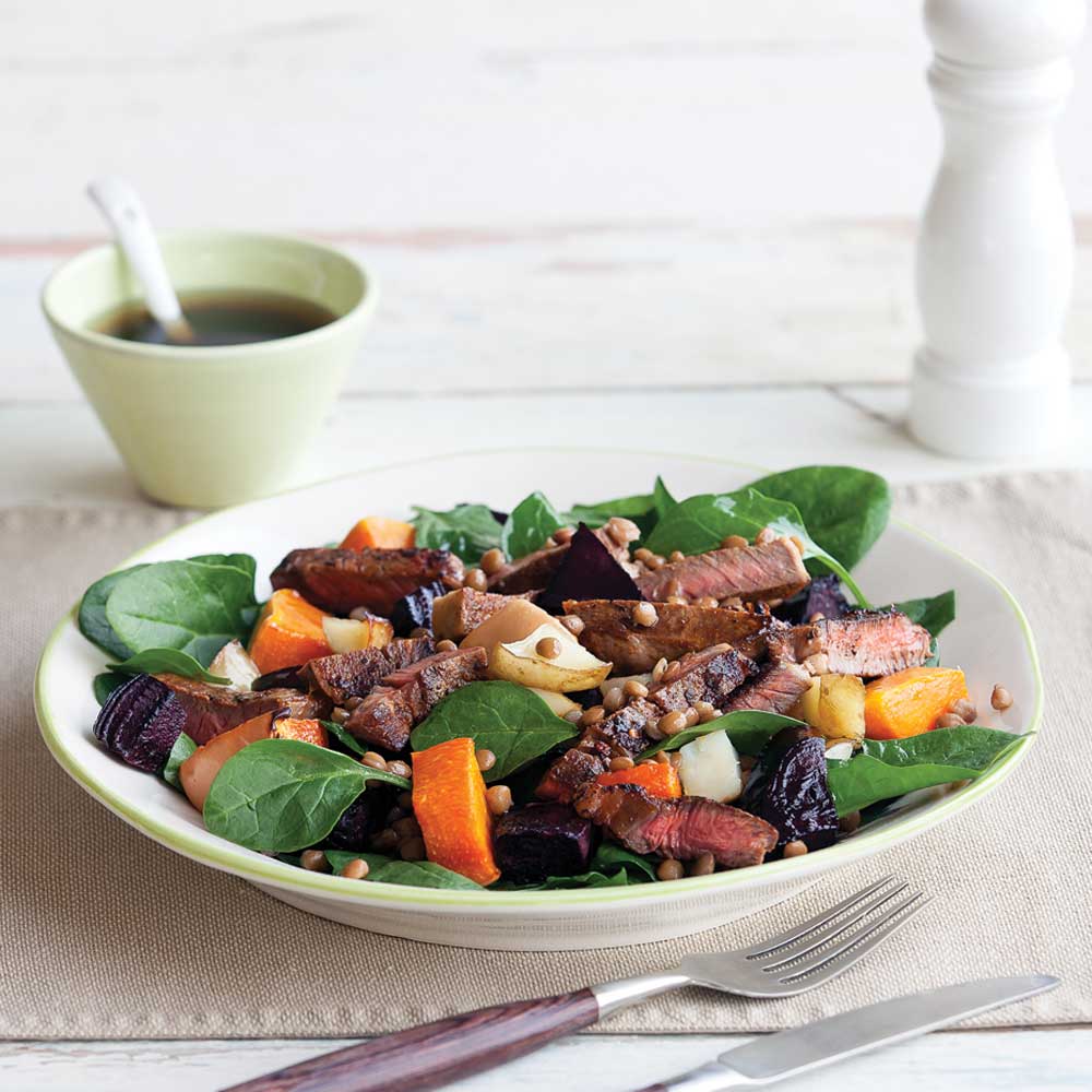 Warm beef and lentil salad