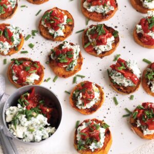 Roasted kumara with herb ricotta and capsicum salsa
