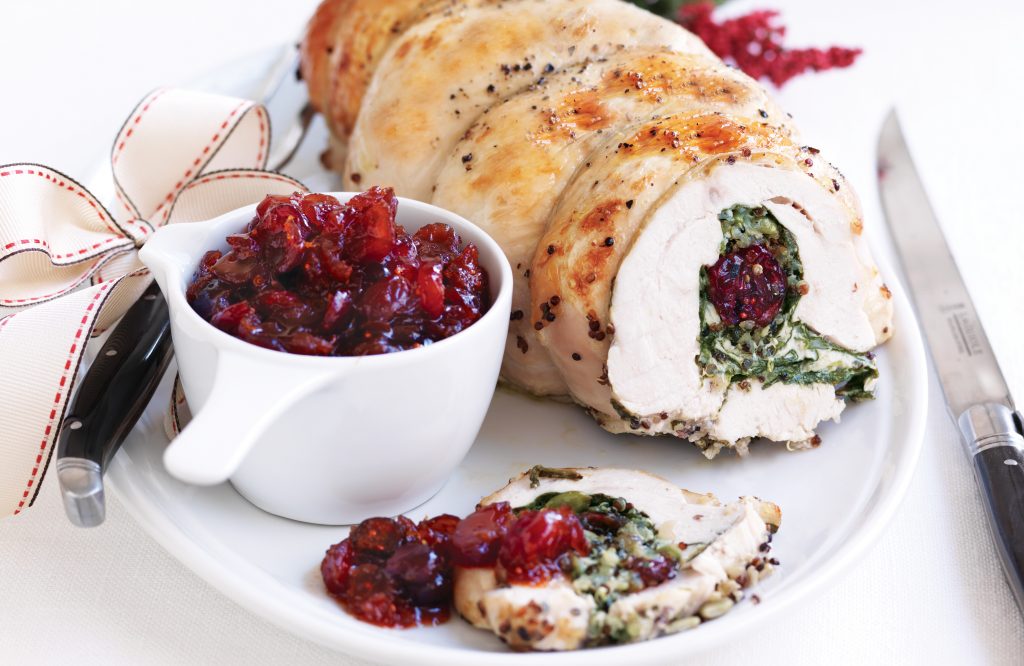 Turkey roulade with quinoa, cranberry and pumpkin seed stuffing Turkey roulade